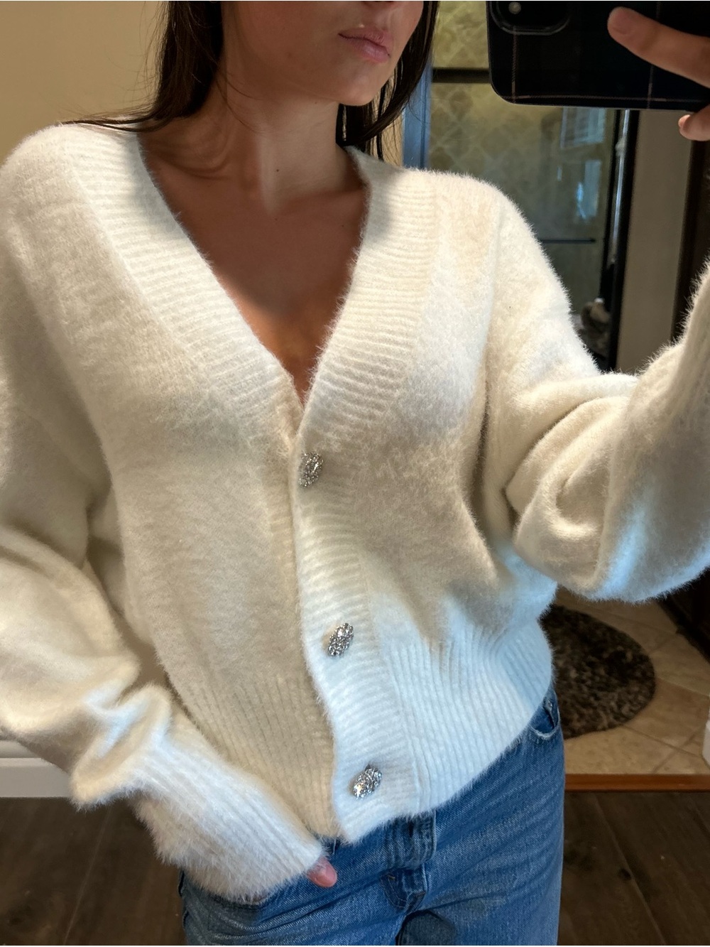 H&M Cream Fuzzy V-Neck Cardigan with Sparkle Buttons
